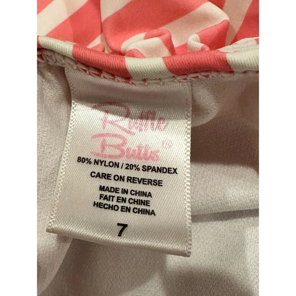 RuffleButts Girls Pink Striped One Shoulder Ruffle Bikini Heart Swimsuit Size 7